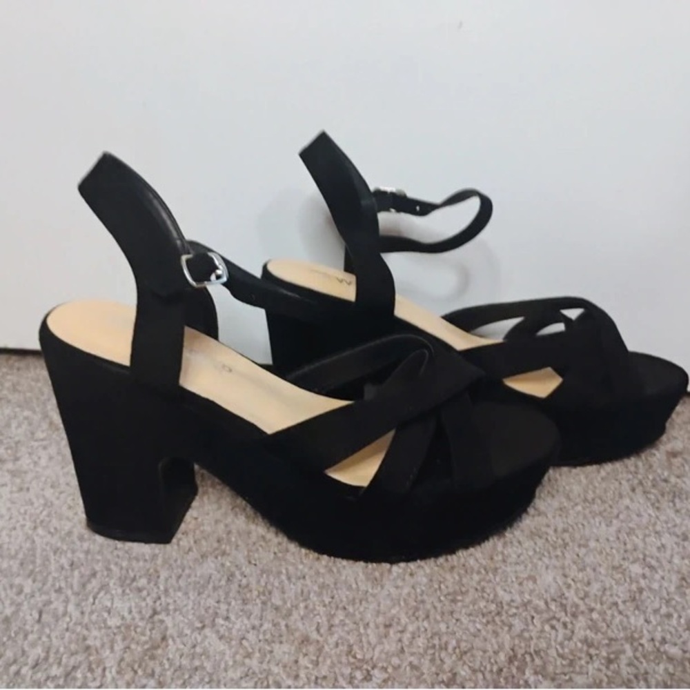 Black Platform Block Heel Sandals with Ankle Strap